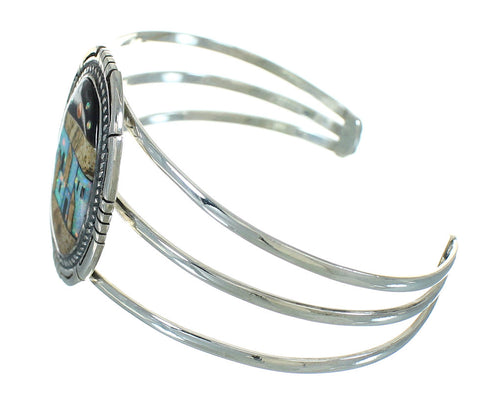 Native American Pueblo Design Sterling Silver Multicolor Inlay Bracelet RX69136